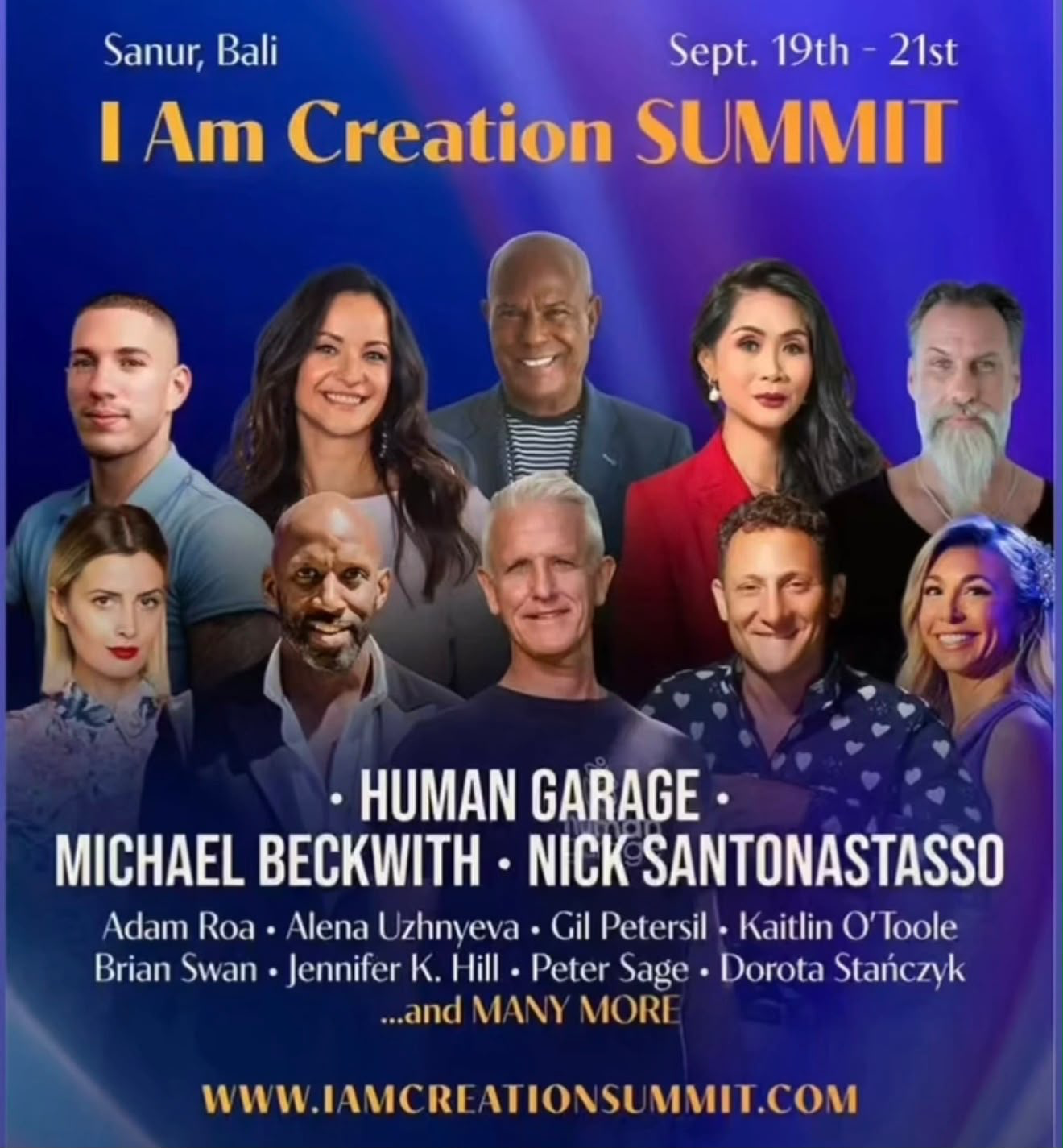 I Am Creation Summit poster: Sanur, Bali, 19th to 21st September, with the summit faculty