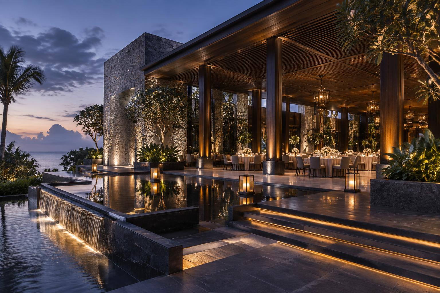 Open-air Balinese pavilion set for an evening banquet, overlooking the coast at dusk